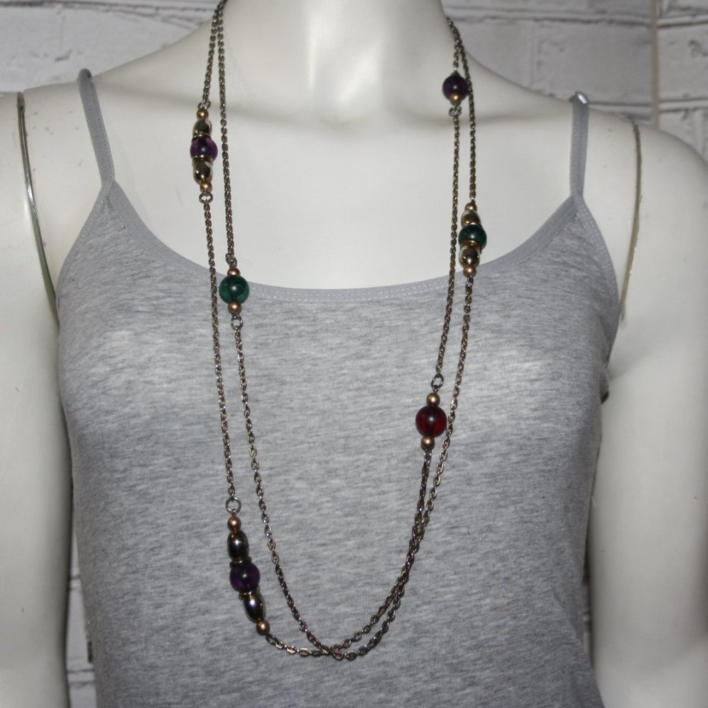 💚💜 Layered Chain Necklace with Green & Purple Bead – 36" · Mixed Metal · Retro